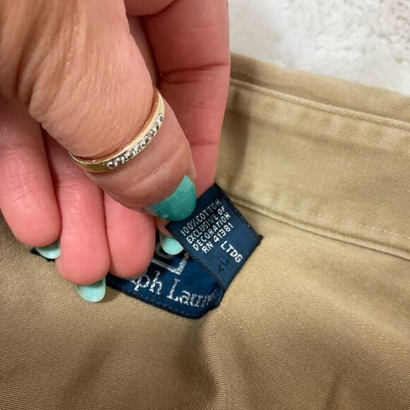 Rare Polo By Ralph Lauren Cotton Pheasant Patch Back Graphic Print Shirt Khaki L - Picture 16 of 17